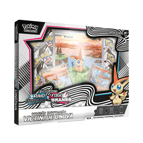 Box Pokémon Escarlate e Violeta: Raio Preto e Fogo Branco - Coleção Ilustração - Victini de Unova