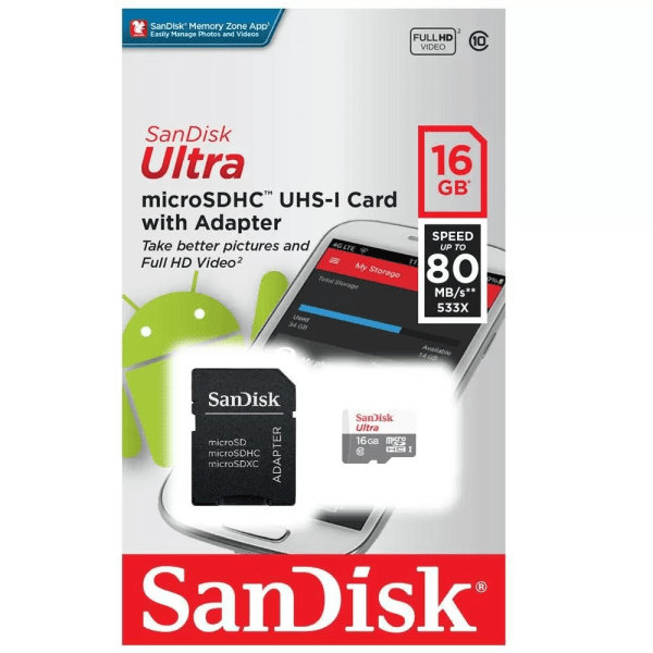 Cartão de Memoria SanDisk Ultra MicroSDHC UHS-I, 16GB com Adaptador 80MB/s - SDSQUNS-016G-GN3MA