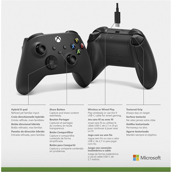 Controle Xbox Series X/S Carbon Black sem fio + Cabo USB-C- Microsoft