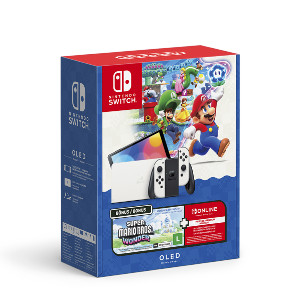 Console Nintendo Switch OLED Branco + Super Mario Bros. Wonder + Voucher Nintendo Switch Online 3 Meses