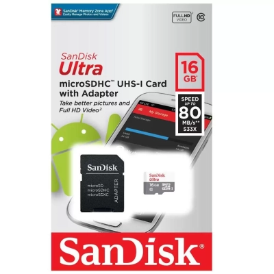 Cartão de Memoria SanDisk Ultra MicroSDHC UHS-I, 16GB com Adaptador 80MB/s - SDSQUNS-016G-GN3MA