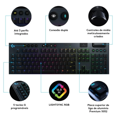 Teclado Gamer Logitech Mecânico G915, RGB, Switch GL Tactile - Preto
