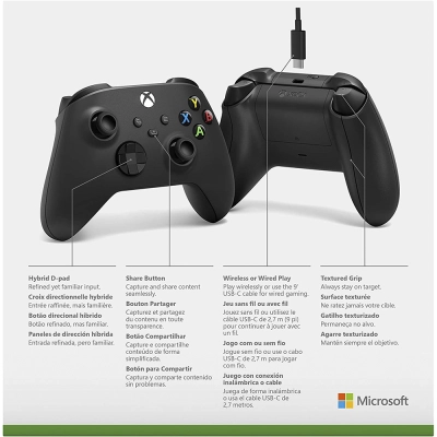 Controle Xbox Series X/S Carbon Black sem fio + Cabo USB-C- Microsoft