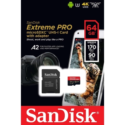 Cartão de Memoria SanDisk Extreme PRO MicroSDXC UHS-I, 64GB com Adaptador - SDSQXCY-064G-GN6MA
