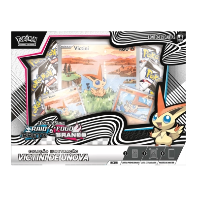Box Pokémon Escarlate e Violeta: Raio Preto e Fogo Branco - Coleção Ilustração - Victini de Unova